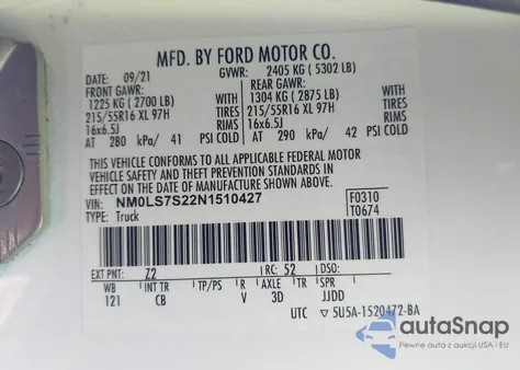 2022 Ford Transit Connect Xl Cargo Van z USA, uszkodzony, nr VIN NM0LS7S22N1510427